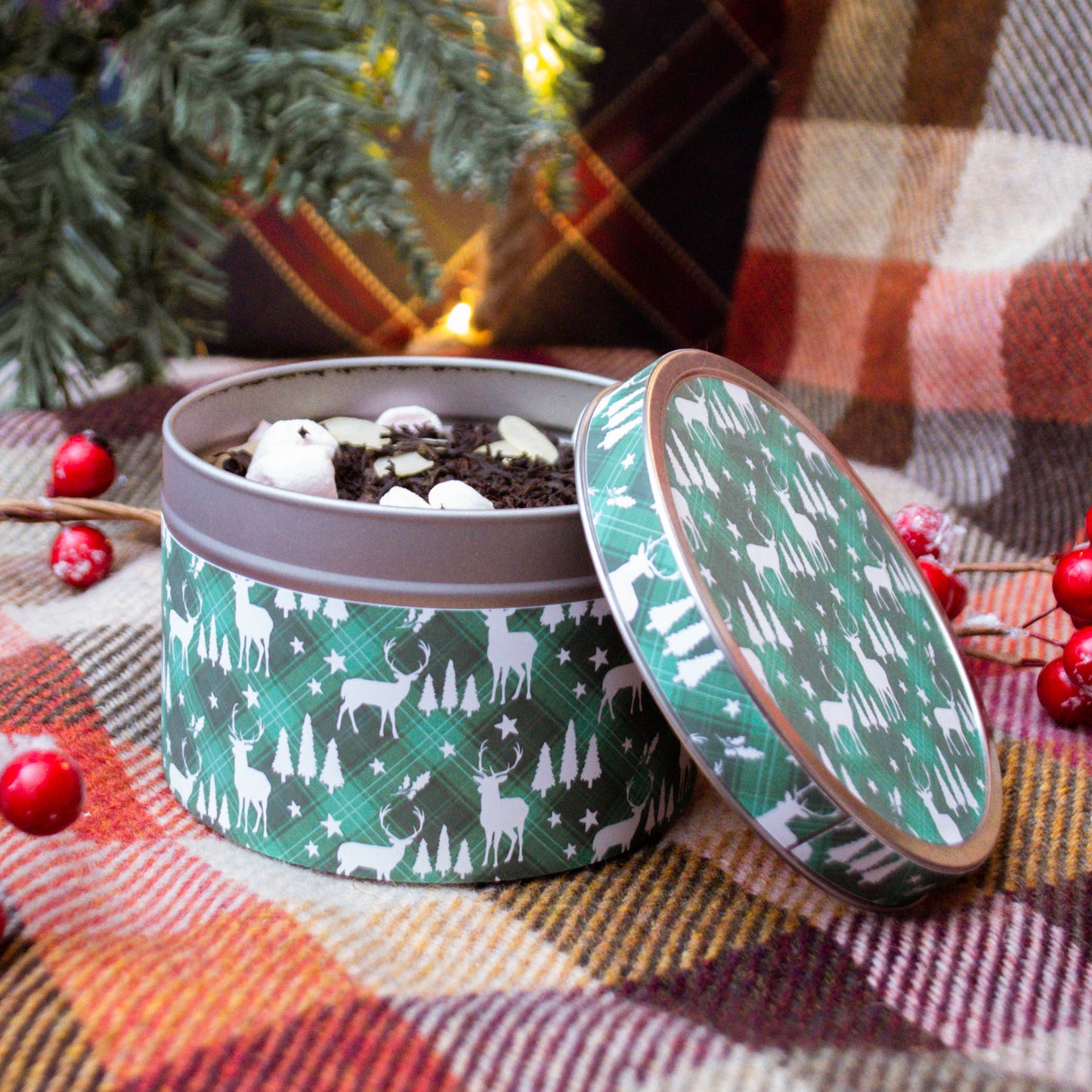 Boîte à thé | Biscuits ronde - Tartan Vert et Cerfs