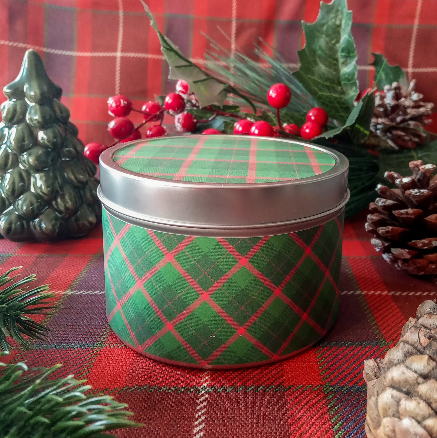 Boîte à thé | Biscuits ronde - Tartan vert et rouge
