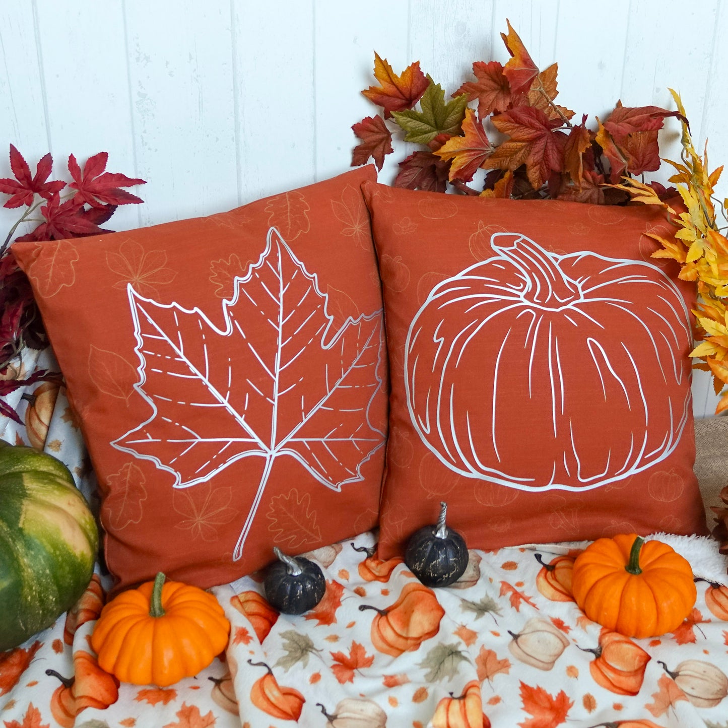 Duo Housse de Coussin "Citrouilles et Feuilles d'Erable" - 40x40cm